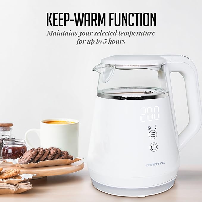 OVENTE 1L Small Electric Kettle with 5 Temperature Preset, Digital Display, 5Hr Keep Warm, Auto Shut-Off, Double-Wall Cool Touch Exterior, Borosilicate Glass,1500W BPA Free Water Boiler, White KD95W