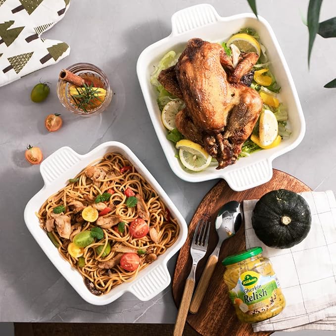 Sweejar Ceramic Baking Dish, 8 x 8 Cake Baking Pan for Brownie, Porcelain Square Bakeware with Double Handle for Casserole, Lasagna, Family Dinner (White)