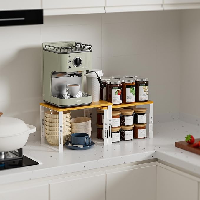 Kitchen Cabinet Organization Shelf，Set of 2 Height Adjustable Storage Racks，Stackable，Expandable，Countertop Shelves Organizer，Pantry Shelving(2PACKS/Large/White)