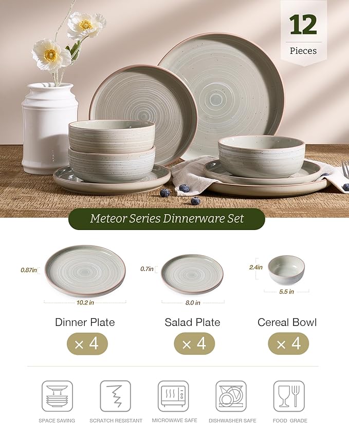 Famiware Meteor Plates and Bowls Sets for 4, 12 Pieces Dinnerware Sets, Microwave and Dishwasher Safe Dishes Set, Matcha Green