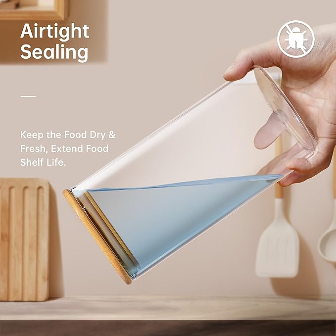 42oz - 4 Pack Square Glass Jars with Bamboo Lids, Glass Food Storage Containers with Airtight Lids for Kitchen, Air Tight Pantry Storage Containers for Cereal, Pasta, Rice, Sugar, Coffee, Spice