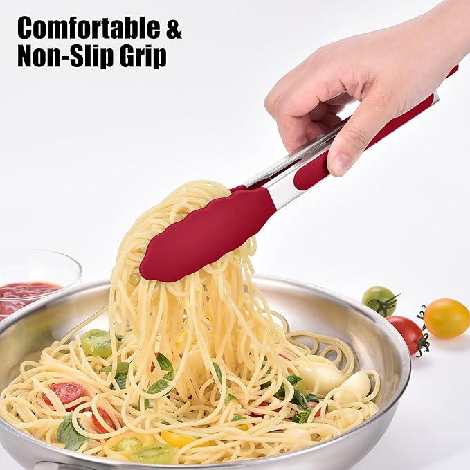 Doosu Kitchen Tongs for Cooking - 600°F Heat Resistant Food Tong with Non-Scratch Silicone Tips, Heavy Duty Stainless Steel Locking Tong for BBQ, Grilling Steak, Serving Salad, Pasta (9in, Red)