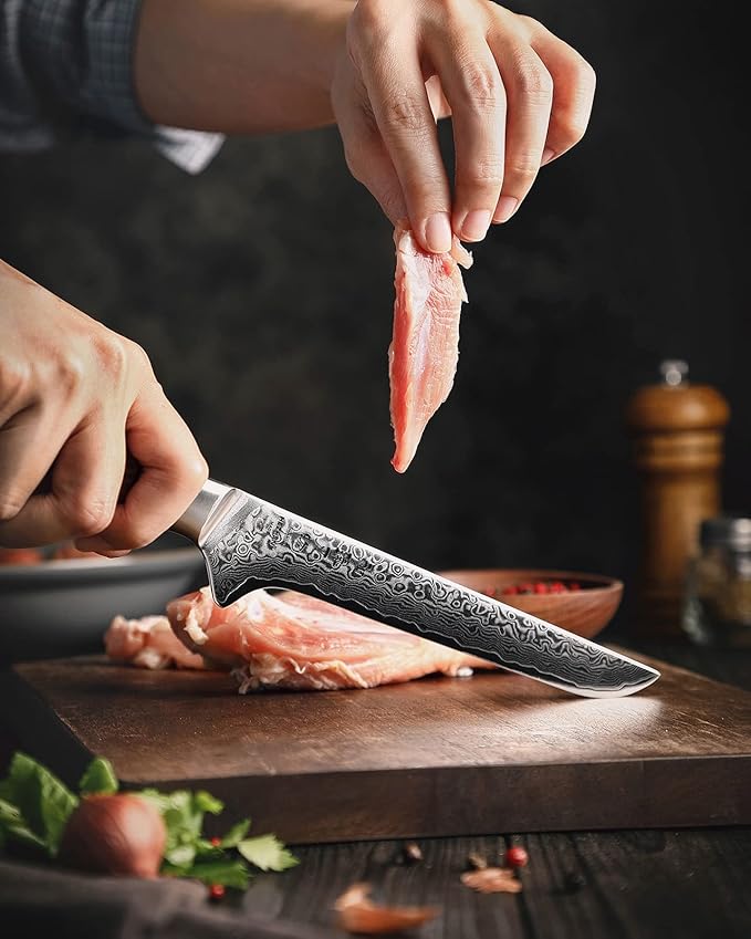 HEZHEN Damascus Boning Knife, 67 Layer Damascus Steel Fillet Knife Kitchen Knives,Figured Sycamore Wood Handle