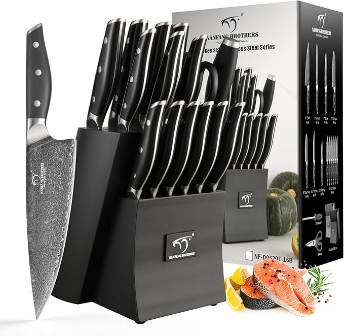Damascus Knife Set with Block for Kitchen, VG10 Core Damascus Steel Chef Knife Set with Triple-Rivet Handle, Knife Sharpener, 16PCS with Ash Wood Knife Block