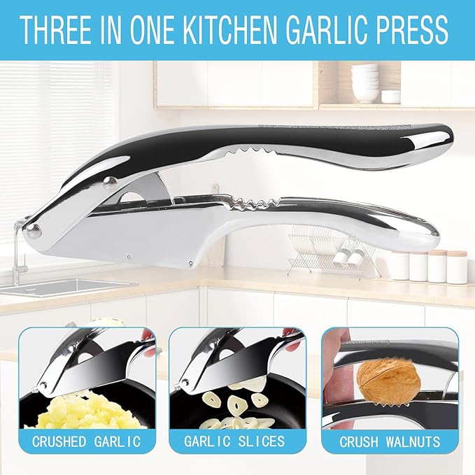 Garlic Press and Slicer 2 in 1, Rust Proof & Dishwasher Safe Professional Garlic Mincer Tool, Effortlessly Crush and Mince Garlic with this Ergonomic Handle-Garlic Slicer & Brush ANCQMI(Pear white)