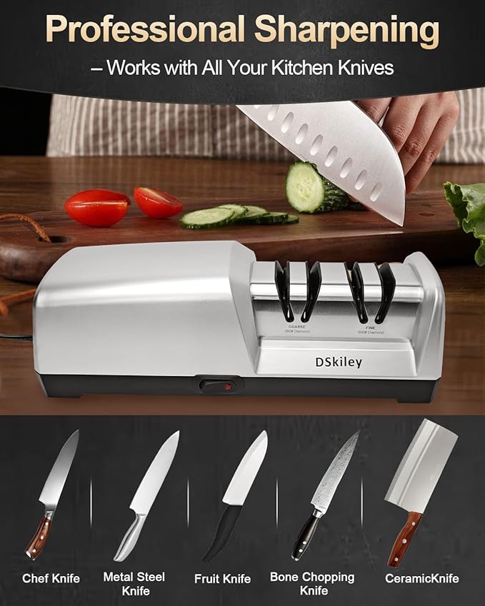 Professional 3-stage Electric Knife Sharpener for Kitchen Knives, with 100% Diamond Abrasive 20° Precision Angle Guide, Quickly Sharpening, Repairing/Restoring/Polish Blades (2-Stage Silver)