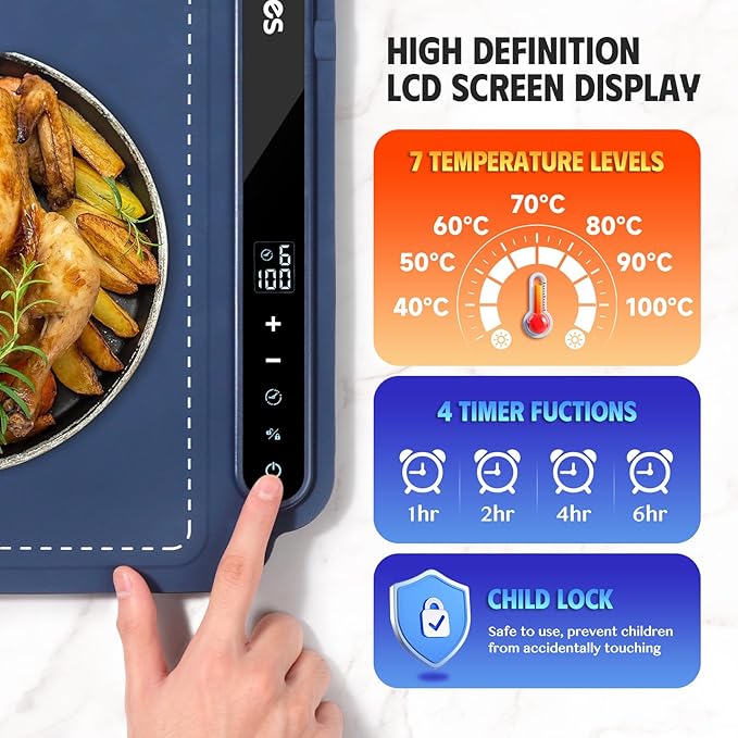 Electric Warming Tray, Portable Silicone Food Warming Mat, Versatile Full Surface Heating Food Warmer with 7 Level Temperature and 6 Hours Timer for Home Dinner, Parties and Buffets (Blue)