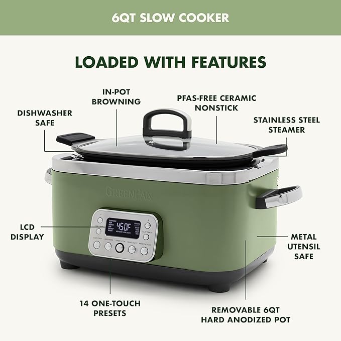GreenPan Elite 14-in-1 Nonstick 6QT Electric Slow Cooker, PFAS-Free Ceramic Multi-Cooker, In-Pot Browning, Dishwasher Safe Lid & Removable Crock, Stainless Steel Steamer, Silicone Handles, Sage Green