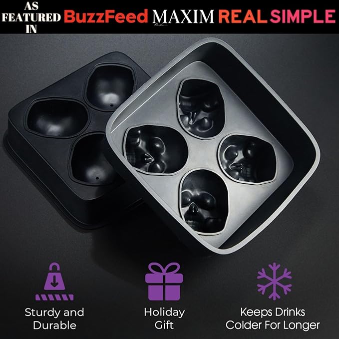 ShapedIceMolds 2-PACK 3D Large Skull Ice Cube Mold Tray, Round Whiskey Ice Mold with Lid for Whiskey Drinkers, Bartenders, Gift Exchanges, Home Bar Enthusiasts and Holiday Gifts