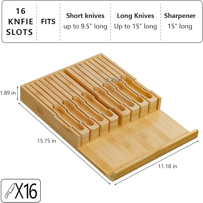 Domax Bamboo In-drawer Knife Block - Knife Drawer Organizer Insert Large Handle Steak Knife Holder, Kitchen Drawer Knife Organizer Fits for 16 knives and 1 Sharpening Steel (Not Included), Natural