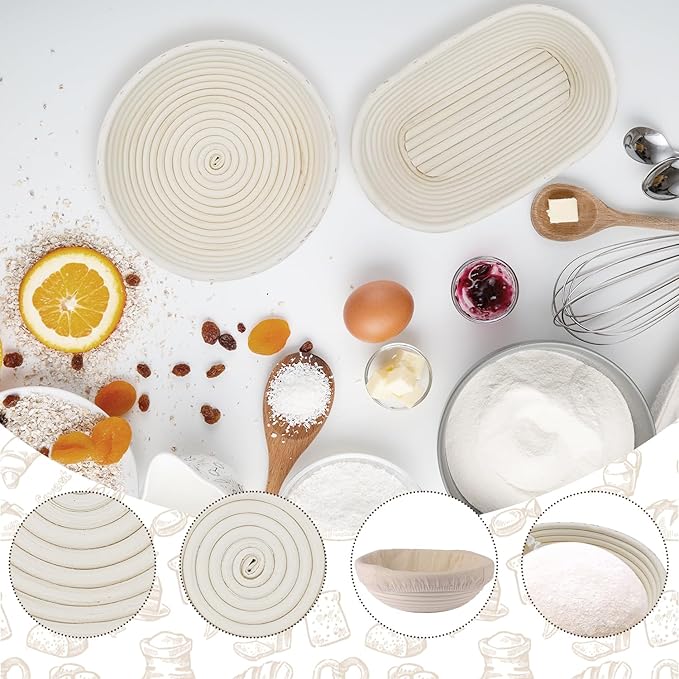 Bread Proofing Basket Set, Round 9 Inch and Oval 10 Inch Banneton Bread Bowl, Sourdough Bread Making Supplies Tools with Bread Lame, Danish Whisk, Bowl Scraper, Sourdough Scraper, Liners