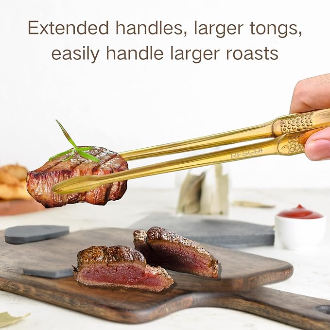 Premium Gold Cooking Tongs - 304 Stainless Steel, Comfortable Grip, Non-Slip Design, High Heat Resistant - Ideal for Home, Kitchen, Barbecue & Frying Steak (golden, 9＋12 Inch)