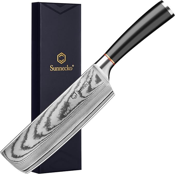 Sunnecko Damascus Nakiri Knife,Japanese VG10 Core Steel Damascus Cleaver Knife,Professional Razor Sharp Kitchen Knives with Knives Sharpner