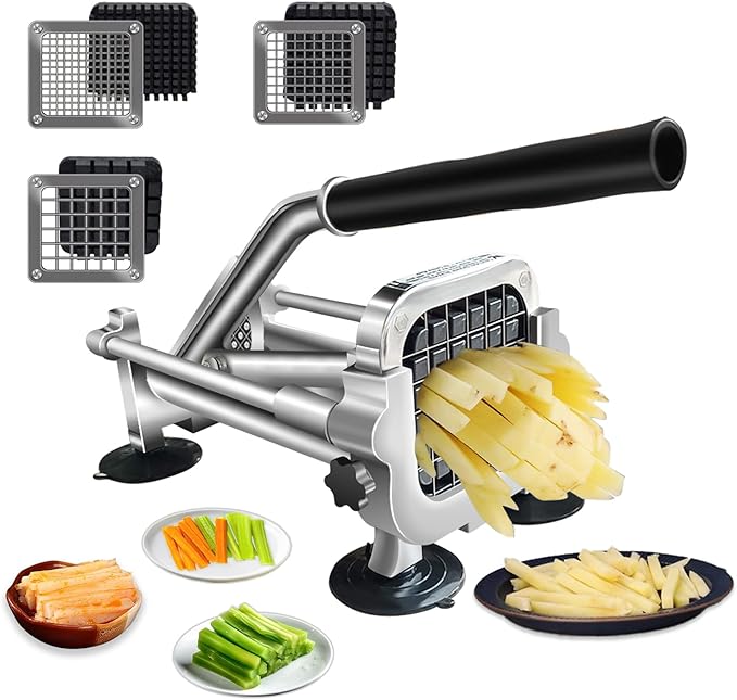 French Fry Cutter, Stainless Steel Commercial Vegetable Chopper, 1/2 Inch, 3/8 Inch and 1/4 Inch Blades Potato Cutter, Easy Clean Manual Chopper for Carrot, Yam, Cucumbers