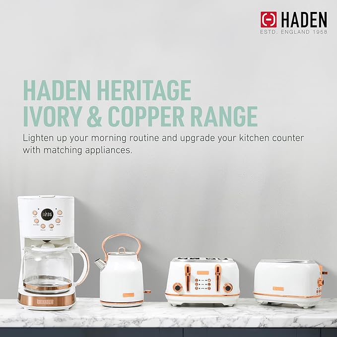 Haden Heritage 4 Slice Wide Slot Stainless Steel Toaster with Adjustable Browning Control & Non-Slip Feet, Ivory & Copper