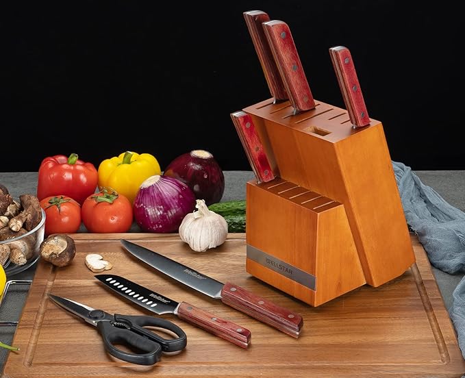 14 Slot Kitchen Knives Block, WELLSTAR Natural Wood Knife Holder without Knives – Hard Wood Countertop Knife Storage – Brown