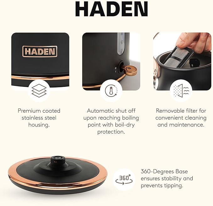 Haden Heritage 1.7 Liter Stainless Steel Electric Kettle, Hot Water Tea Kettle with 360-Degree Base and Auto Shutoff, Black & Copper