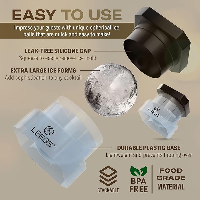 Silicone Freezer Press Sphere Ice Ball Maker Mold, 3 Pack for Large Round Craft Whisky Ice Balls - Bourbon, Scotch, Old Fashioned, Cocktail Drinks - by LEEBS