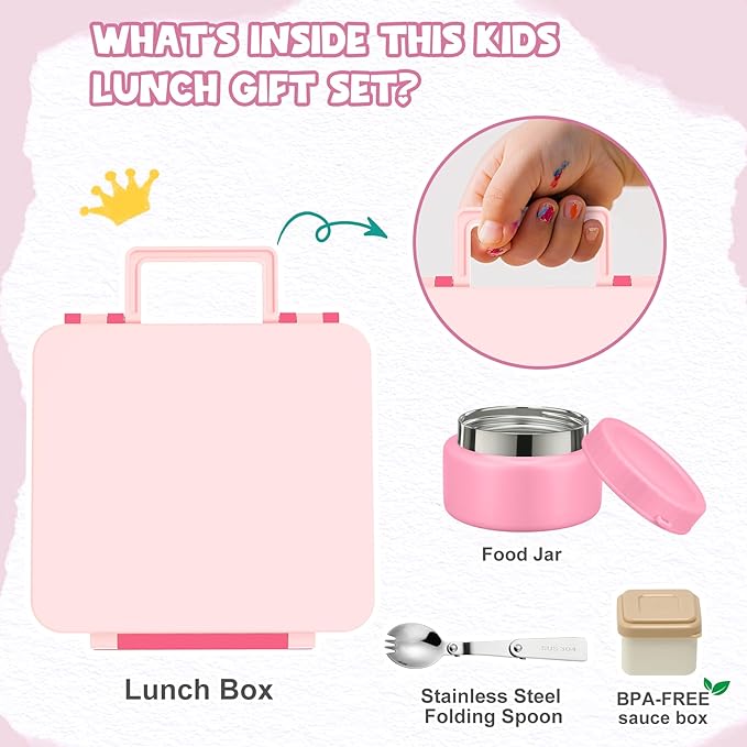 Kids Bento Lunch Box with 8oz Soup Thermo, Kids Leakproof Lunch Food Containers with 4 Compartment,Insulated Hot Food Jar with Lunch Bag for School, Travel (Pink-No lunch bag)