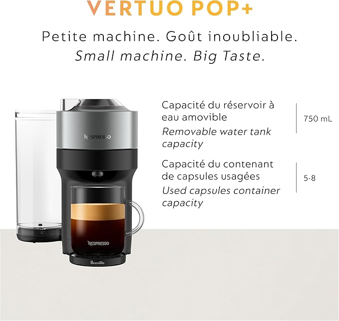 Nespresso Vertuo Pop+ Deluxe Coffee and Espresso Maker by Breville with Milk Frother, 1500 watts, Titan
