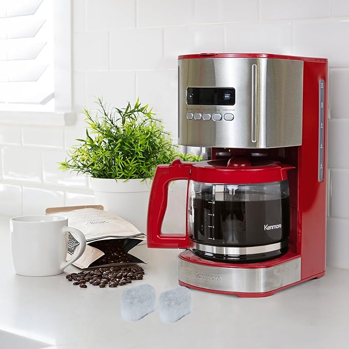 Kenmore Aroma Control 12-cup Programmable Coffee Maker, Red and Stainless Steel Drip Coffee Machine & Kenmore/Keurig/Cuisinart/Braun compatible replacement charcoal water filter 12 Pack pure