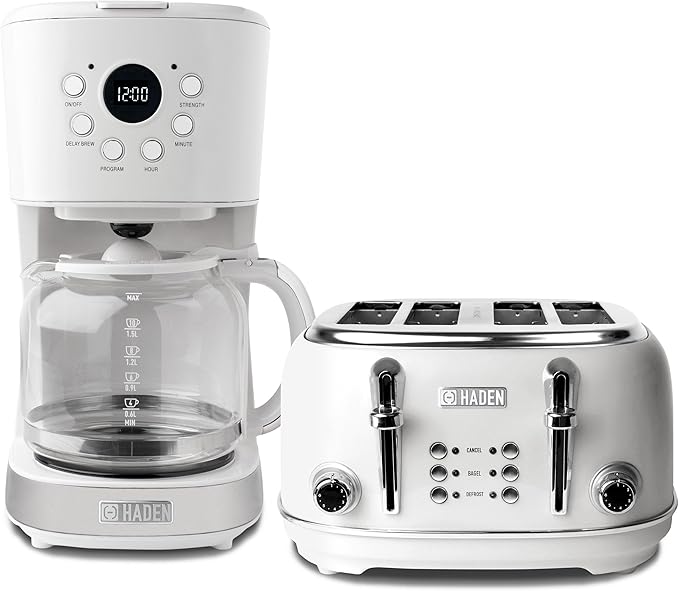 Haden Heritage 4 Slice Wide Slot Stainless Steel Toaster Bundled with 12 Cup Programmable Drip Coffee Maker Coffee Machine, Ivory & Chrome