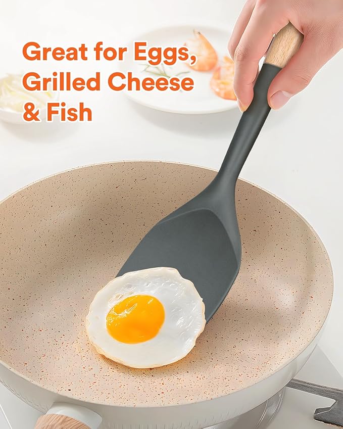 Nonstick Silicone Spatula, Non Scratch Flexible Edge for Pans, Slip Resistant comfortable Wooden Handle, Heat Resistant BPA-Free Kitchen Spatulas for Cooking, 13.2 Inch, Grey