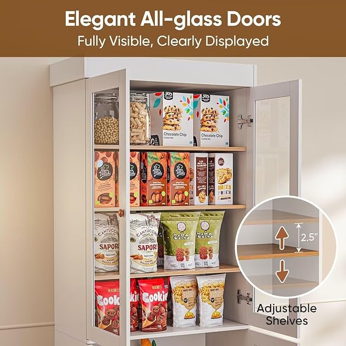 70.8" Tall Farmhouse Kitchen Pantry Cabinet with Glass Doors, Modular Storage Cabinet with 6-Tier Adjustable Shelves, White, Wooden Hutch for Kitchen, Living Room