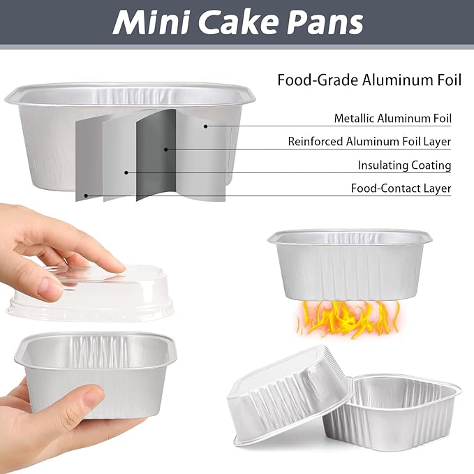 200 Pack 10 oz Silver Mini Aluminum Cake Pans with Lids and Spoons, Disposable Square Baking Cups, Oven Safe Foil Ramekins for Individual Desserts, Cupcakes, Cheesecakes Ramekins Muffin