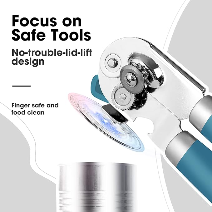 Beneno Heavy Duty Hand Can Opener Manual with Magnet, Durable Sharp Carbon Steel Blade Smooth Cutting, Big Effort-Saving Knob & Soft Grip Handle, Multifunctional Kitchen Tool with Bottle Opener, Aqua