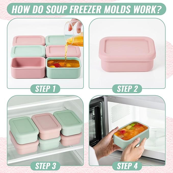 6 Packs 1 Cup Silicone Soup Freezer Molds with Lid Silicone Soup Freezer Trays Rectangle Reusable Food Preserving Tray Freezing Sauces Stews(Pink, Sage Green)