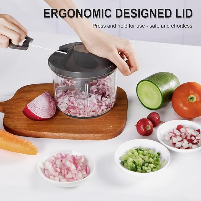 LHS Manual Food Processor Large Vegetable Chopper, 1000ML Pull String Chopper Garlic Mincer Onion Cutter for Veggies,Salad,Fruits, Nuts, BPA Free, GREY