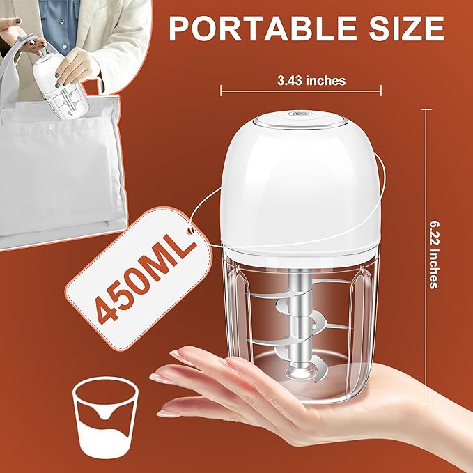 450ML Electric Garlic Chopper, Mini Portable Food Processor, Garlic Grinder Masher for Onion, Ginger, Chili, Fruit, Vegetable, Meat
