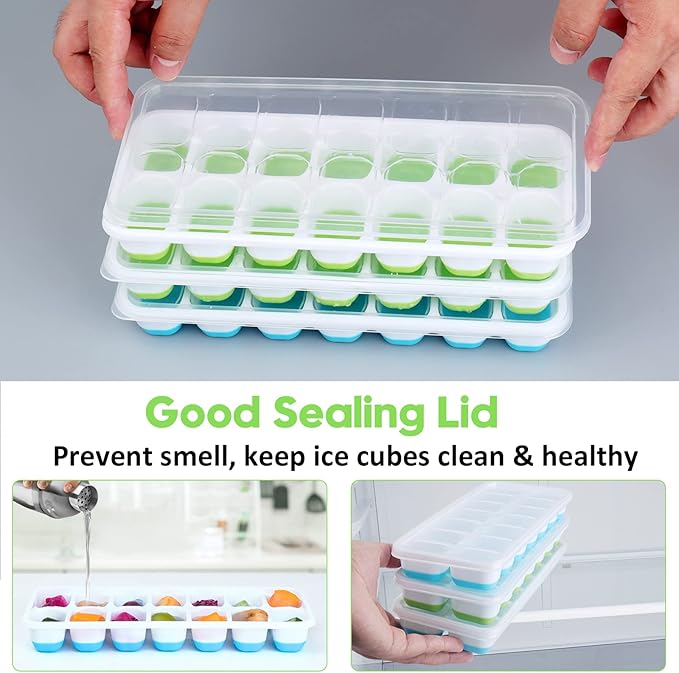 Silicone Ice Cube Tray, Jrisbo 4 Pack Easy-Release & Flexible 14-Ice Cube Trays with Spill-Resistant Removable Lid, Stackable Ice Trays with Covers for Freezer, Cocktail (Green)