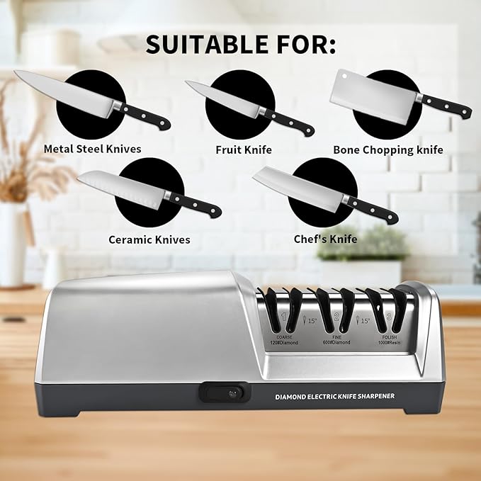 Electric Knife Sharpener 3 Stage, With 100% Diamond Abrasives and 15° Precision Angle Guides, Knife Sharpener Electric for all Kitchen Knives, Super Quiet Sharpenning and Polishing, Silver