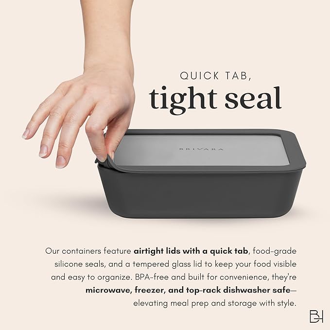 Ceramic Coated Glass Food Storage Container | No PTFE, PFOA, PFAS, and BPA | Reusable Non Toxic Meal Prep Container with Glass Lid | Easy To Store | 2.5 Cup Square [Onyx]
