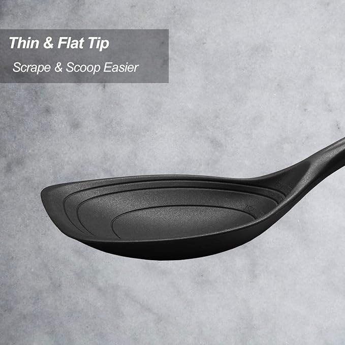 2 Pack Large Silicone Cooking Spoon, Non-Stick Slotted and Solid Spoon set with Deep Bolw and Measurement Mark for Mixing, Serving, Draining, Scooping, Scraping, Heat Resistant Kitchen Utensils, Black