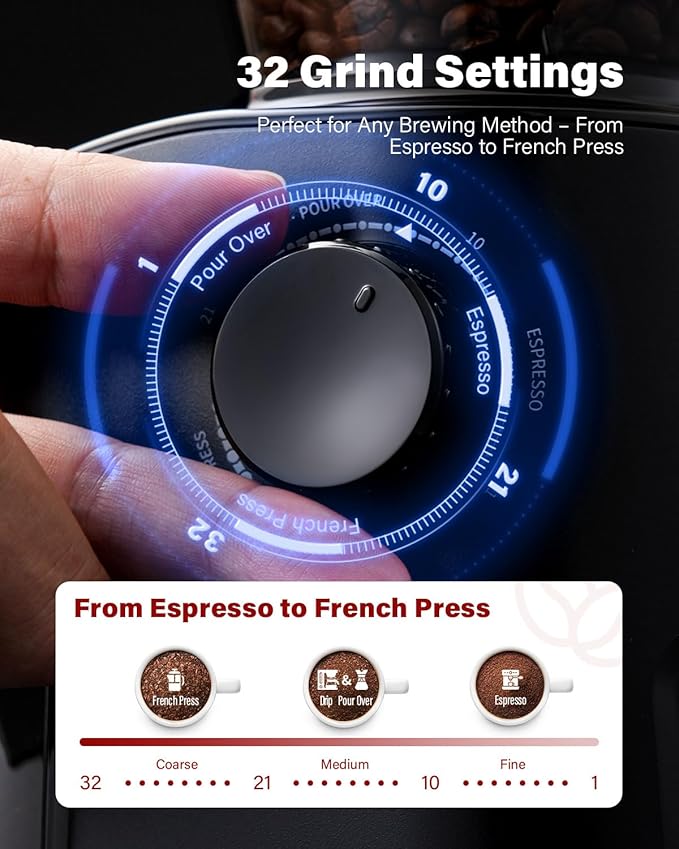SHARDOR Burr Coffee Grinder 3.0, 32 Grind Settings for Espresso, Pour Over, Drip, and French Press, Adjustable Timer, Easy-Clean Chamber for Home Brewing