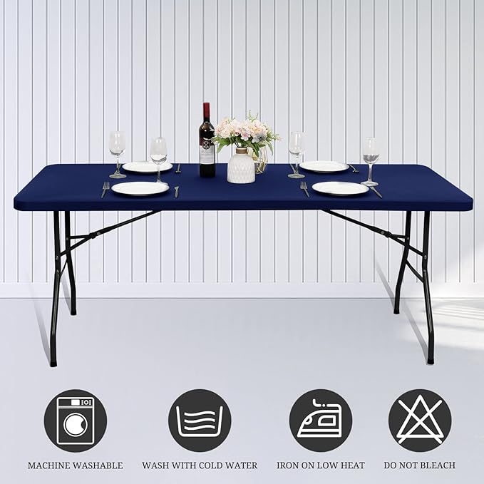 10 Pack Stretch Fabric Table Top Cap Cover, fits 6' Tables, Spandex Table Covers Washable Elastic Rectangle Tablecloth Protector for Indoor Outdoor Party Picnic Wedding, Navy Blue, 30" W x 72" L