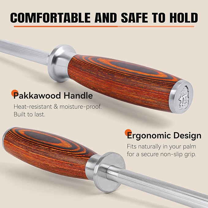 TUO Honing Rod, Sharpening Steel with Larger Diameter for Kitchen Knife Daily Sharpening Maintenance, High Carbon Steel Knife Sharpener Rod, Ergonomic Handle, 8 inch