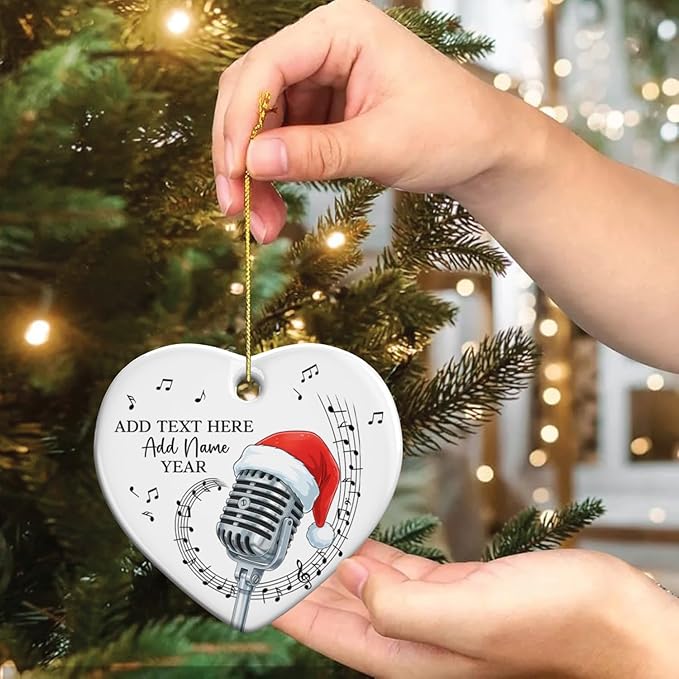 Personalized Microphone Xmas Ceramic Ornament, Recording Vocals Microphone Christmas Tree Ornaments 2025, Custom Text Name & Year Vocalist Xmas Ornament, Gift for Singer Vocalist Music Lover