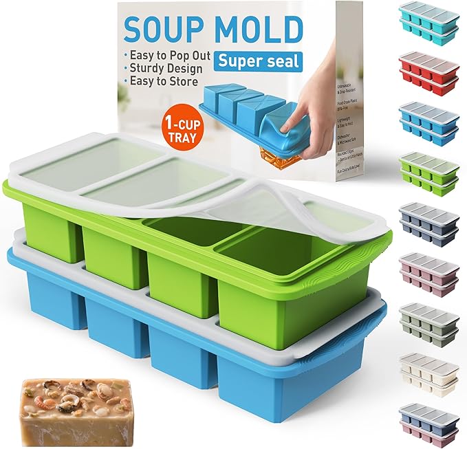 Silicone Freezer Tray with Lid Soup Freezer Container Molds with Steel Reinforced Rim Large Ice Cube Tray Makes 8 Perfect 1 Cup Portions Cubes Storage Food silicone Ice Cube Molds Housewarming Gifts