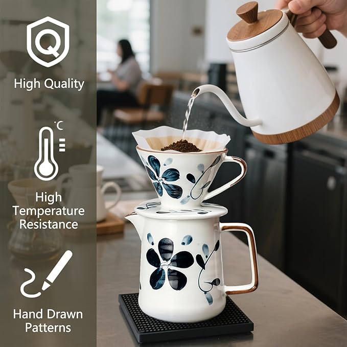 Ceramic Pour Over Coffee Maker Set, Ceramic Coffee Dripper with Single Hole, Coffee Pot & 100 Paper Filters for Home, Travel, Camping (1-2 Cup)