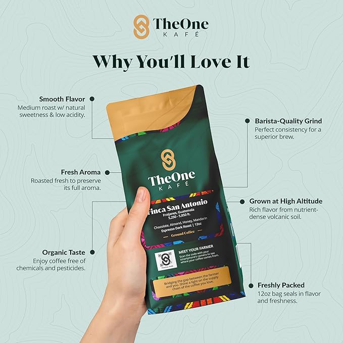 TheOne Kafé Guatemala Dark Roast Ground Coffee – Organic, Single Origin, Premium Specialty Coffee and Ethically Sourced – Fresh Roasted for Espresso, Drip, Pour Over – 12 oz (Pack of 2)