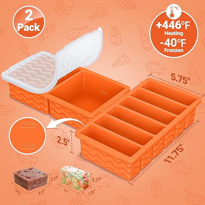 2-Pack Silicone Freezer Trays with Lid, 2 Large 2-Cup(500ml) & 6 Small 1/2-Cup(125ml) Soup Freezer Container Molds, Ice Cube Tray For Meal Prep & Freezing Soup, Stews, Sauces, Oven & Dishwasher-Safe