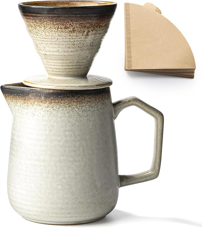 Pour Over Coffee Maker, Ceramic Coffee Dripper 20oz/620ml, with 50 pcs V60 Paper Filter, Drip Coffee Brewer, Vintage-Style (white, 1)
