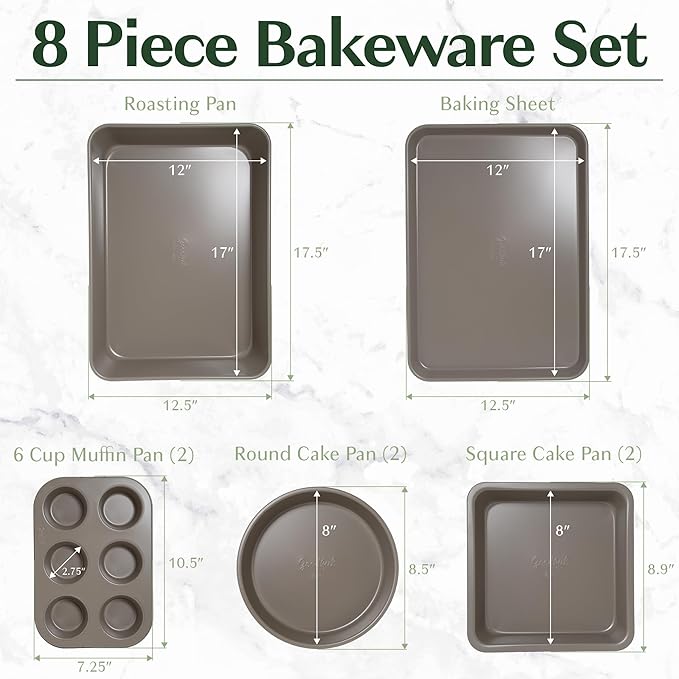 Goodful All-In-One Nonstick Bakeware Set, Stackable and Space Saving Design includes Round and Square Pans, Muffin Pans, Cookie Sheet and Roaster, Dishwasher Safe, 8-Piece, Linen