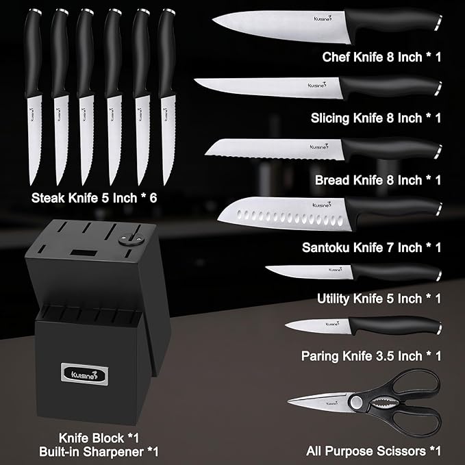 Kuisine Chef Knife Set,High Carbon Stainless Steel Ultra Sharp Blade Ergonomic Handle,Kitchen Knife Block Set with Built-in Sharpener,Elegant Gift for Holiday(Silver Black,15PCS)