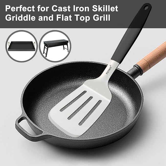 Slotted Spatula Stainless Steel, Large Metal Turner Spatula for Cast Iron Skillet and Flat Top Grills, Full Tang Silicone Handle, Heavy Duty Smash Burger & Egg Flipper, 4.6 x 3.7 In