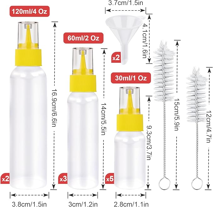 YGDZ Icing Bottle for Cookie Decorating, 10 PCS Writer Squeeze Bottles, Small Easy Squeeze Bottle (1, 2 and 4 ounces), Icing Cookie Supplies for Food Coloring, Frosting, Cookie Decorating Kit